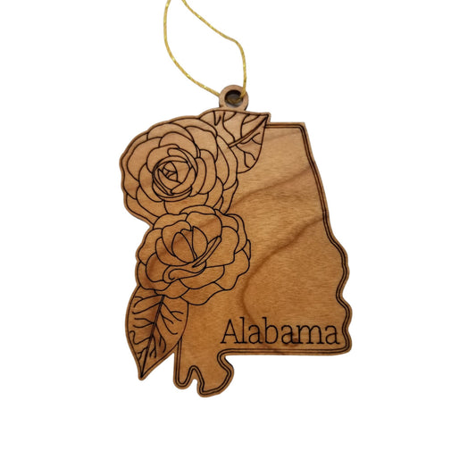 Alabama Wood Ornament - AL State Shape with State Flowers Camellias - Handmade Wood Ornament Made in USA Christmas Decor