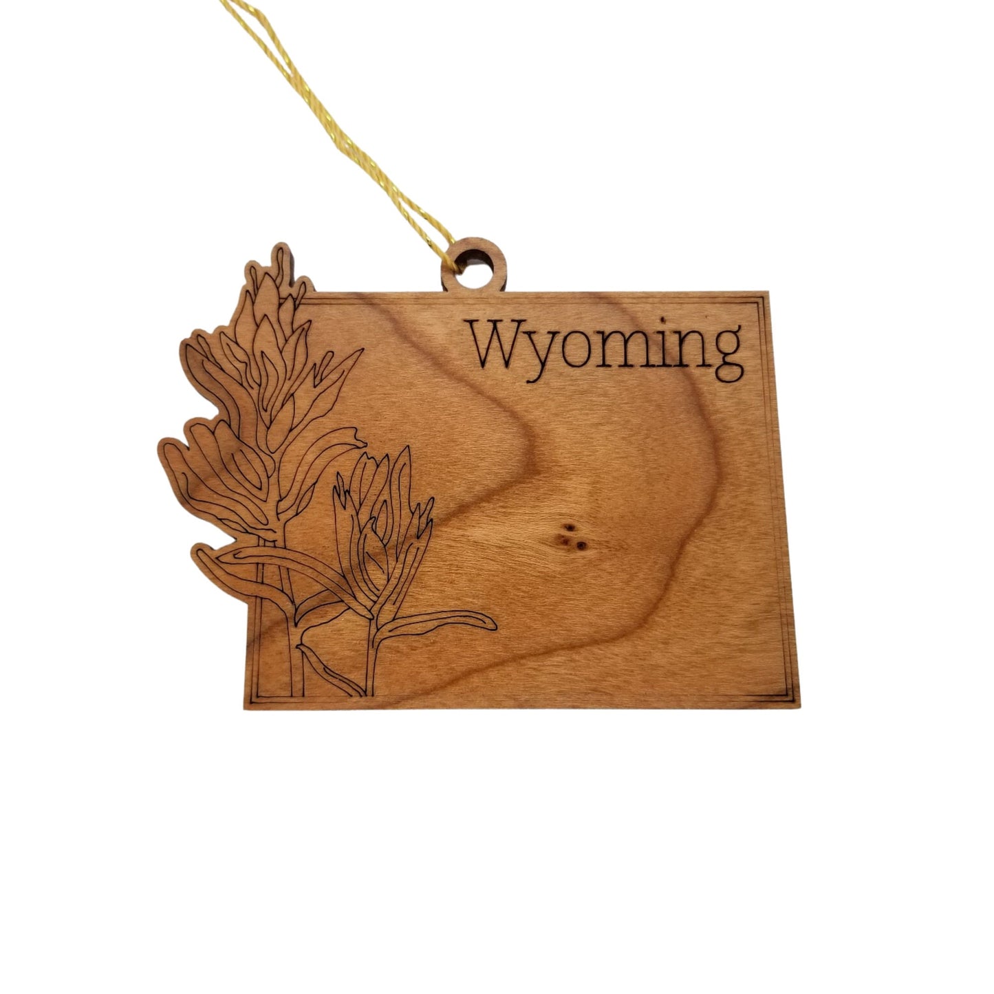 Wyoming Wood Ornament - WY State Shape with State Flowers Indian Paintbrush - Handmade Wood Ornament Made in USA Christmas Decor