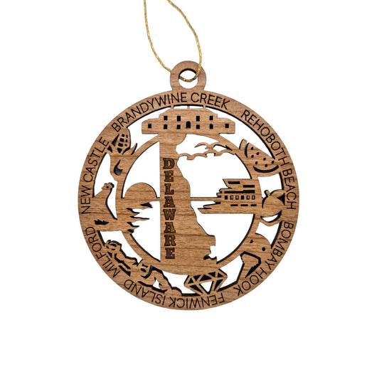 Delaware Wood Ornament - DE Souvenir - Handmade Wood Ornament Made in USA State Shape Brandywine Creek Diamond Corn Bombay Hook
