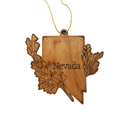 Nevada Wood Ornament - NV State Shape with State Flowers Big Sagebrush - 15545