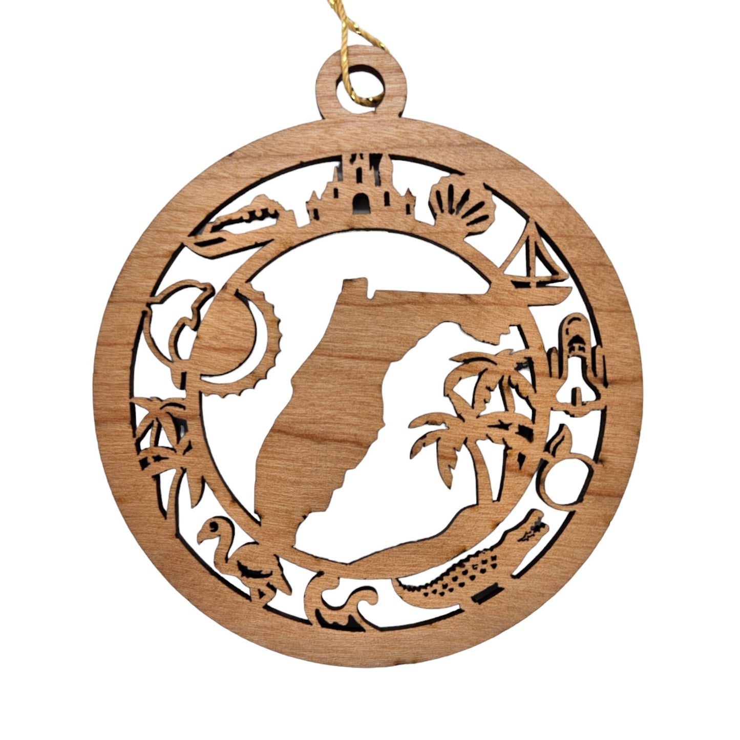 Florida Wood Ornament - FL Souvenir - Handmade Wood Ornament Made in USA State Shape Palm Trees Shell Sailboat Shuttle Flamingo Dolphin