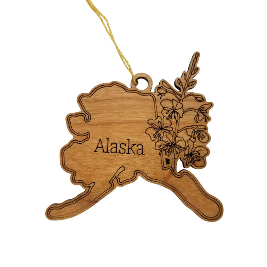 Alaska Wood Ornament - AK State Shape with State Flowers Forget Me Nots - Handmade Wood Ornament Made in USA Christmas Decor
