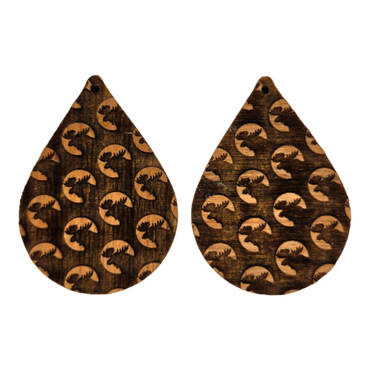 Wood Earrings - Moose Head Pattern Engraved Teardrop Wood Earrings - Dangle Earrings - Anniversary Gift Full Walking Moose Print