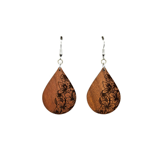 Wood Earrings - Floral Engraved Teardrop Wood Earrings - Dangle Earrings - Gift - Drop Earrings Lightweight D56