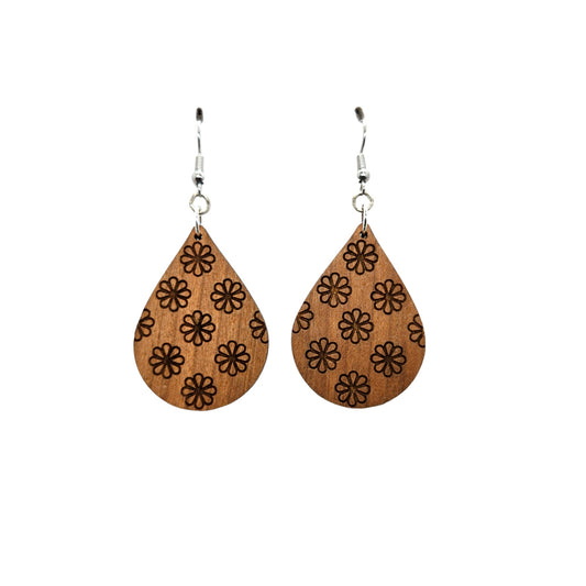 Wood Earrings - Floral All Over Print Pattern Engraved Teardrop Wood Earrings - Dangle Earrings - Gift - Drop Earrings Lightweight