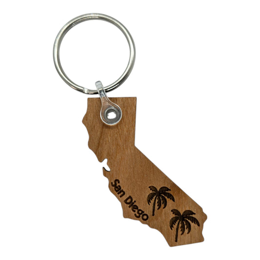 San Diego CA State Shape Palm Trees Keychain Wood Keyring Souvenir Key Ring Key Chain - KC15741