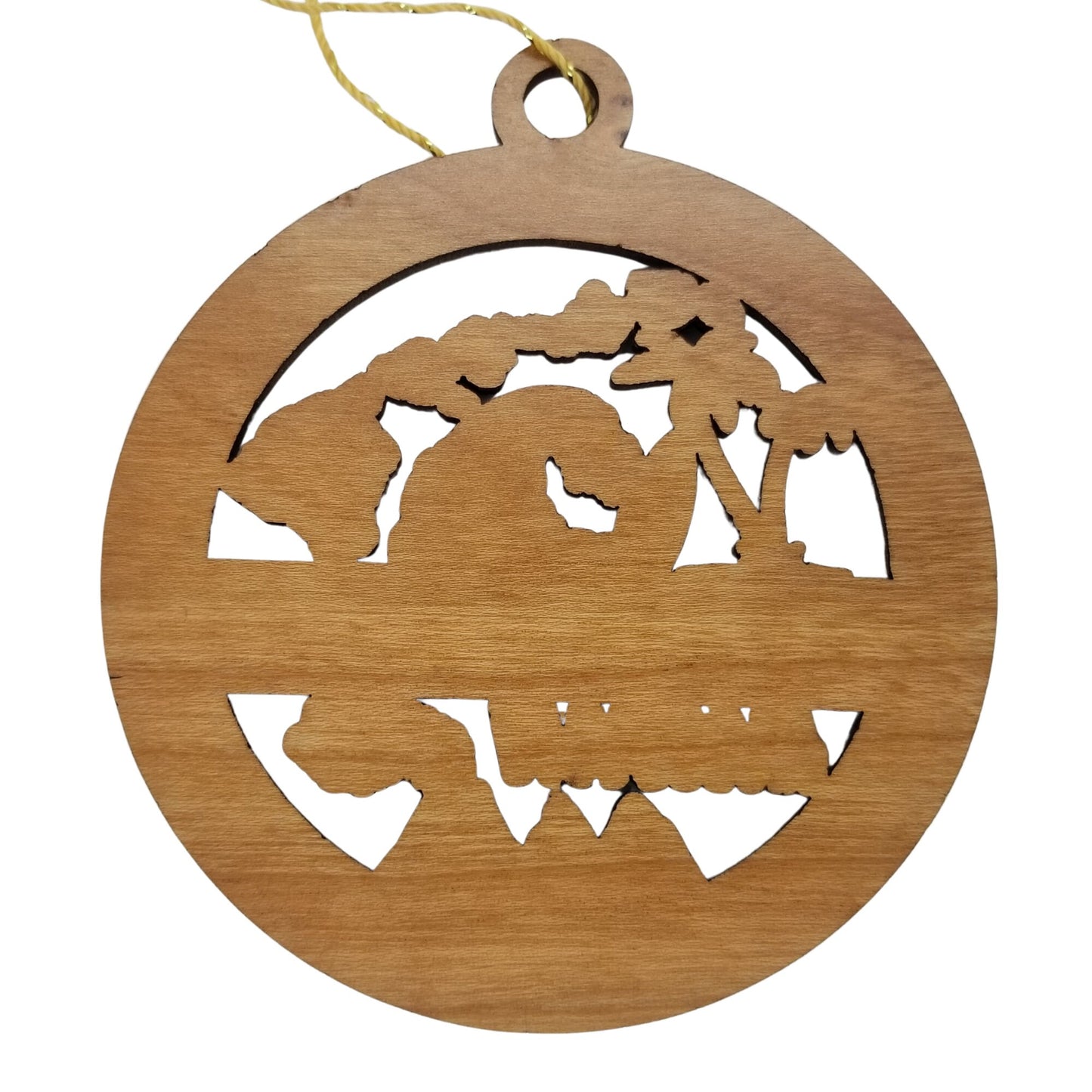 Hawaii Wood Ornament - HI Souvenir - Handmade Wood Ornament Made in USA State Shape Palm Trees Wave Surfboard Ukulele Volcano Hibiscus