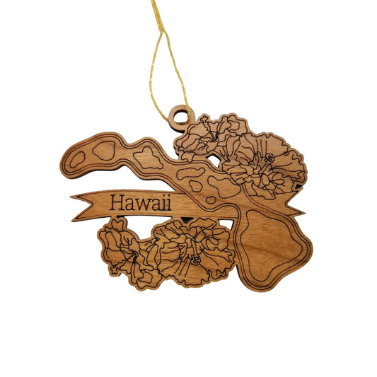 Hawaii Wood Ornament - HI State Shape with State Flowers Hibiscus - Handmade Wood Ornament Made in USA Christmas Decor