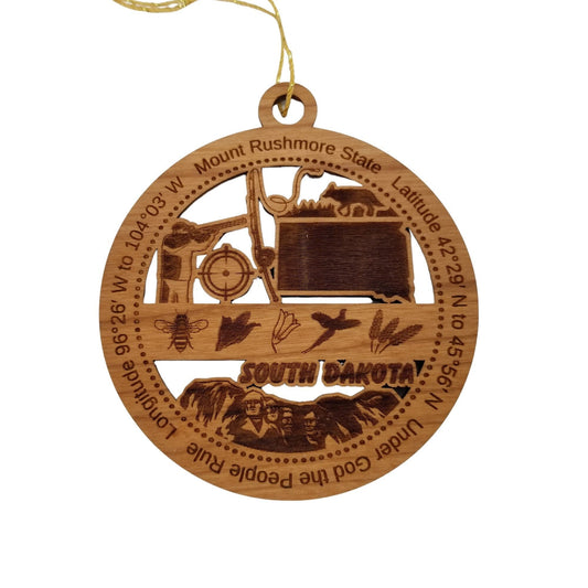 South Dakota Wood Ornament - SD Souvenir - Handmade Wood Ornament Made in USA State Shape Mount Rushmore Fishing Pole Hunter Bee