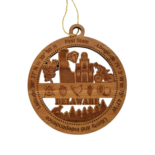 Delaware Wood Ornament - DE Souvenir - Handmade Wood Ornament Made in USA State Shape Diamond Bicycle Chicken Corn Strawberry Trees
