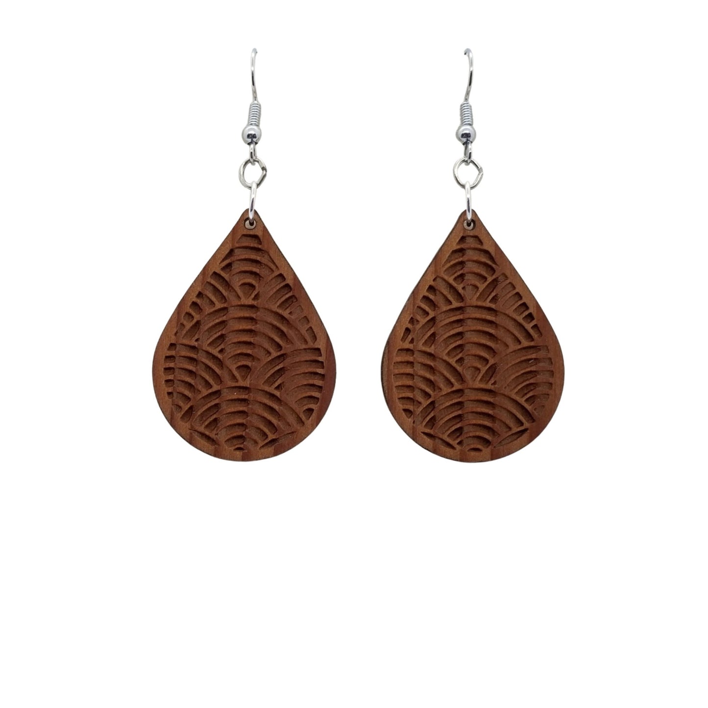 Wood Earrings - Engraved Teardrop Dangle Earrings - D16