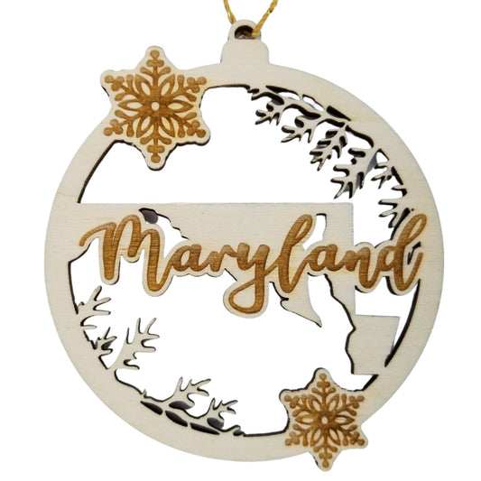 Maryland Wood Ornament - State Shape with Snowflakes Cutout MD - Handmade Wood Ornament Made in USA Christmas Decor