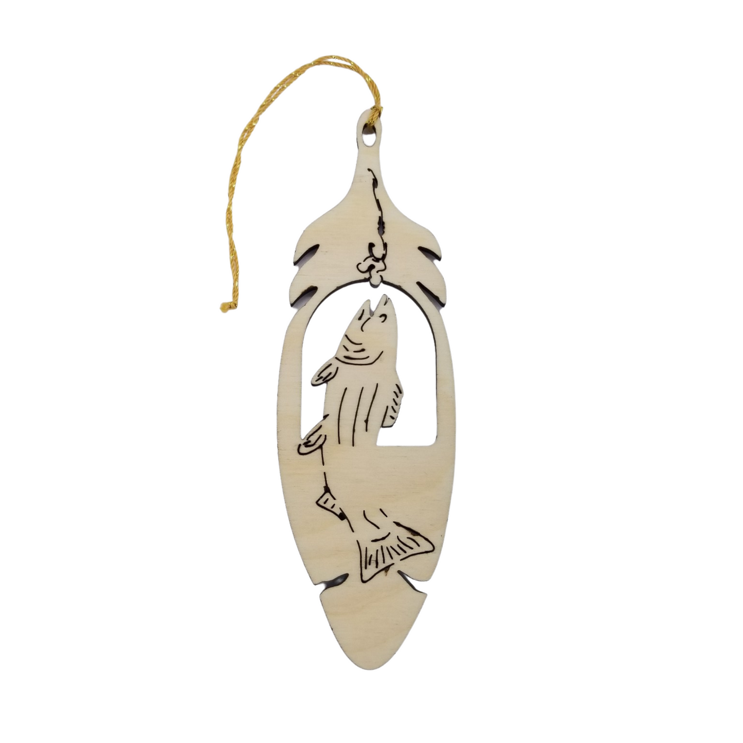 Ketchikan Alaska Fish Wood Ornament Handmade in USA Souvenir Feather 5.375" - 15053