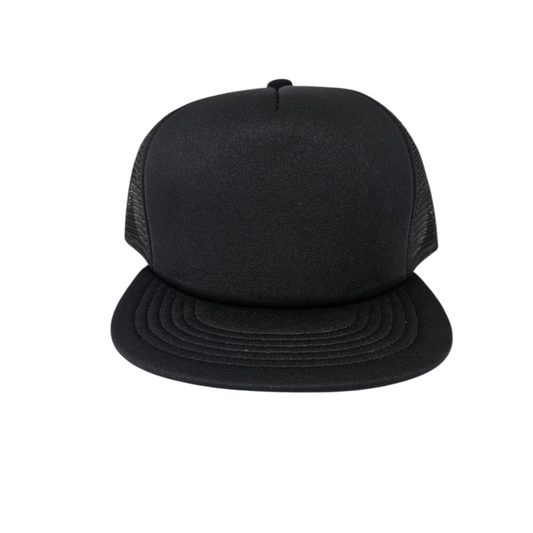 Solid Trucker Mesh BLACK Cap or Hat with FLAT Bill or Visor - 0141-01