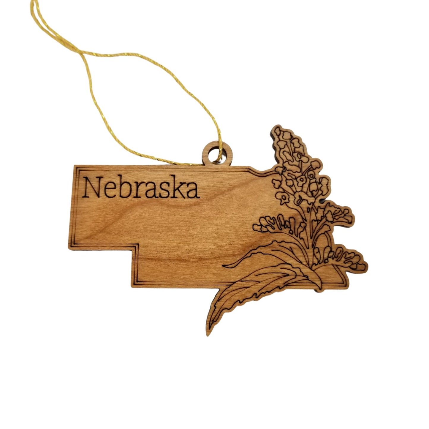 Wholesale Nebraska Wood Ornament -  NE State Shape with State Flowers Solidago - Handmade Wood Souvenir