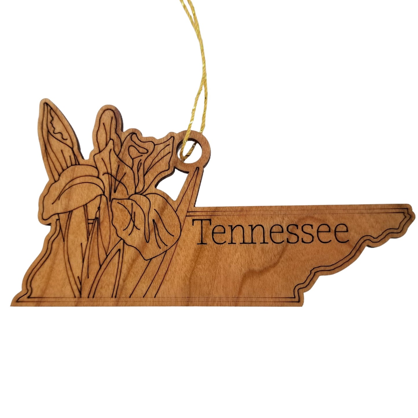 Wholesale Tennessee Wood Ornament -  TN State Shape with State Flowers Irises - Handmade Wood Souvenir