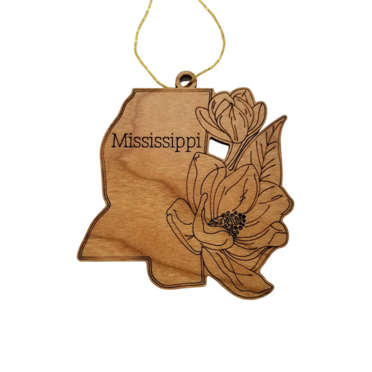 Wholesale Mississippi Wood Ornament -  State Shape with State Flowers Magnolias MS - Handmade Wood Souvenir