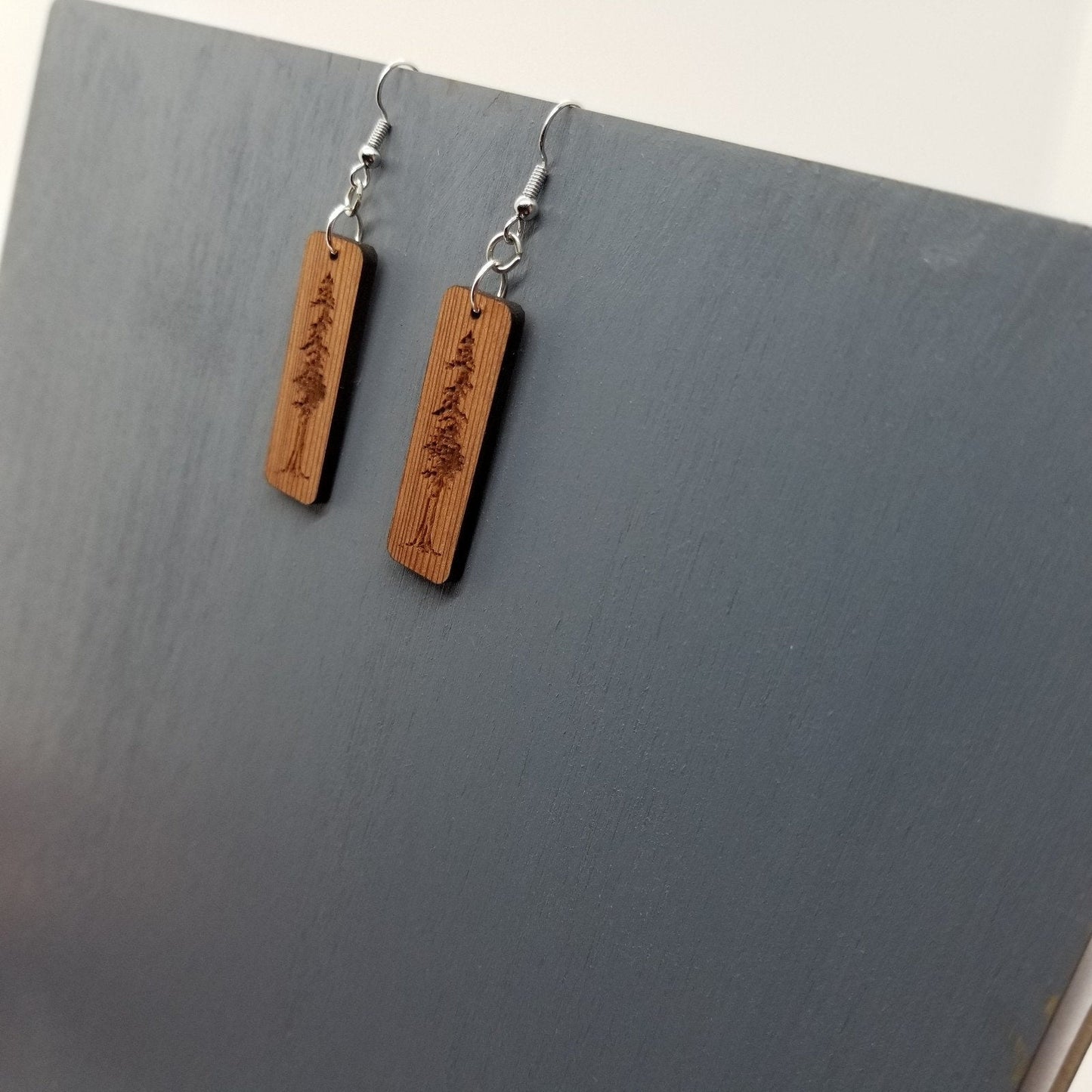 Wholesale Redwood Earrings - Engraved Tree Rectangle Wood Earrings - California Redwood Dangle Earrings - CA Souvenir Keepsake