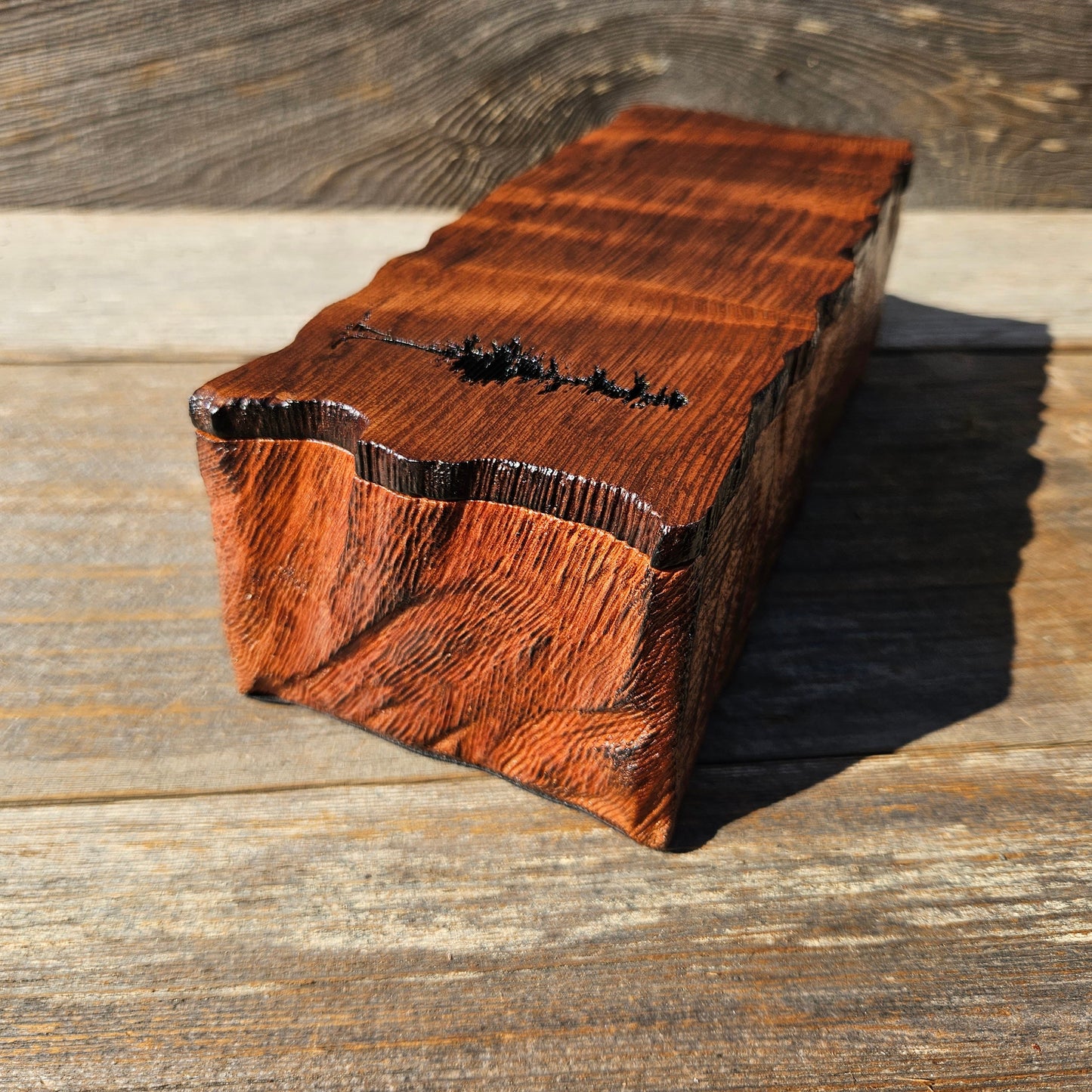 Handmade Wood Box with Redwood Tree Engraved Rustic Handmade Curly Wood #594 California Redwood Jewelry Box Storage Box