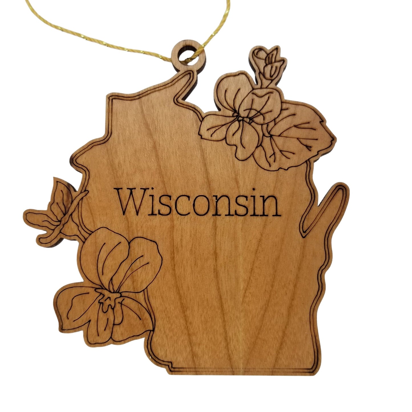 Wholesale Wisconsin Wood Ornament -  WI State Shape with State Flowers Wood Violet Blue Violet - Handmade Wood Souvenir