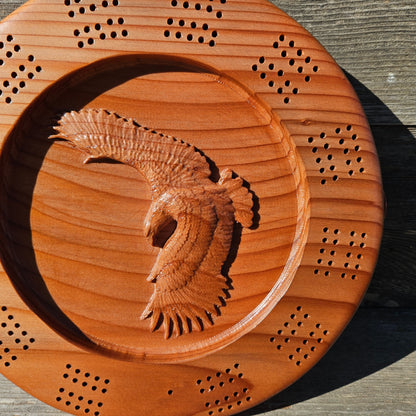 Redwood Round Wood Cribbage Board Carved Eagle Handmade 2 Player USA Card Game California Souvenir #657