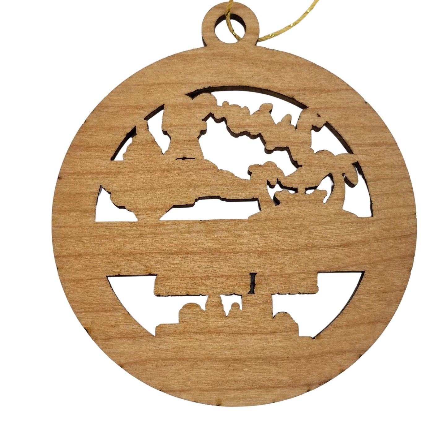 North Carolina Wood Ornament - NC Souvenir - Handmade Wood Ornament Made in USA State Shape Beach Scene Musical Notes Barbecue Donut Bee