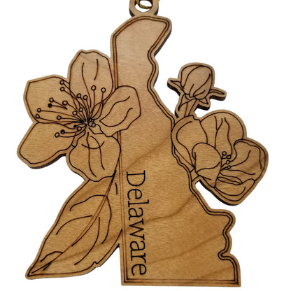 Wholesale Delaware Wood Ornament -  DE State Shape with State Flowers Peach Blossoms - Handmade Wood Souvenir