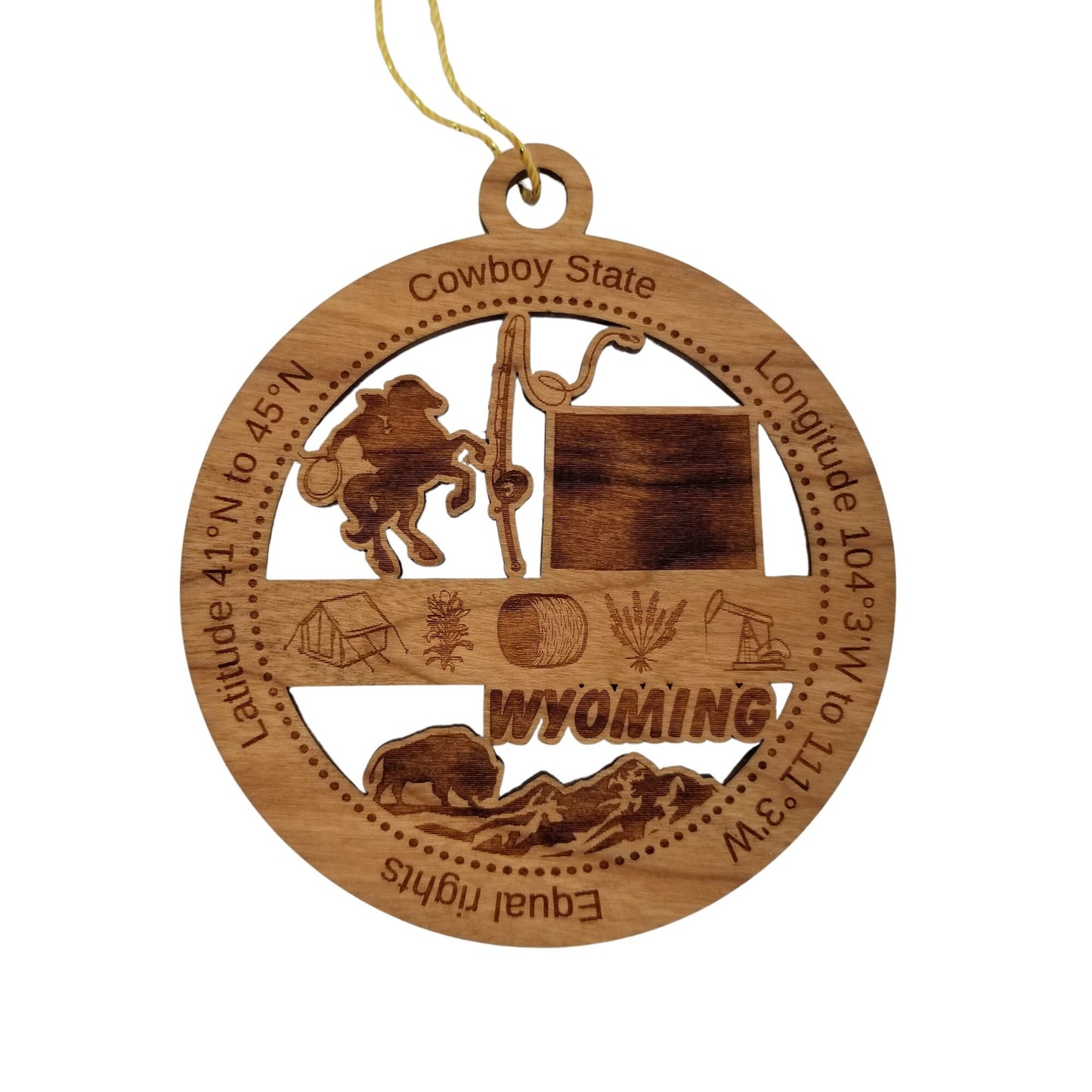 Wyoming Wood Ornament - WY Souvenir - Handmade Wood Ornament Made in USA State Shape Cowboy Fishing Pole Tent Buffalo Bison Oil Drill