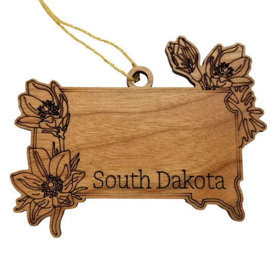 Wholesale South Dakota Wood Ornament -  SD State Shape with State Flowers American Pasque - Handmade Wood Souvenir