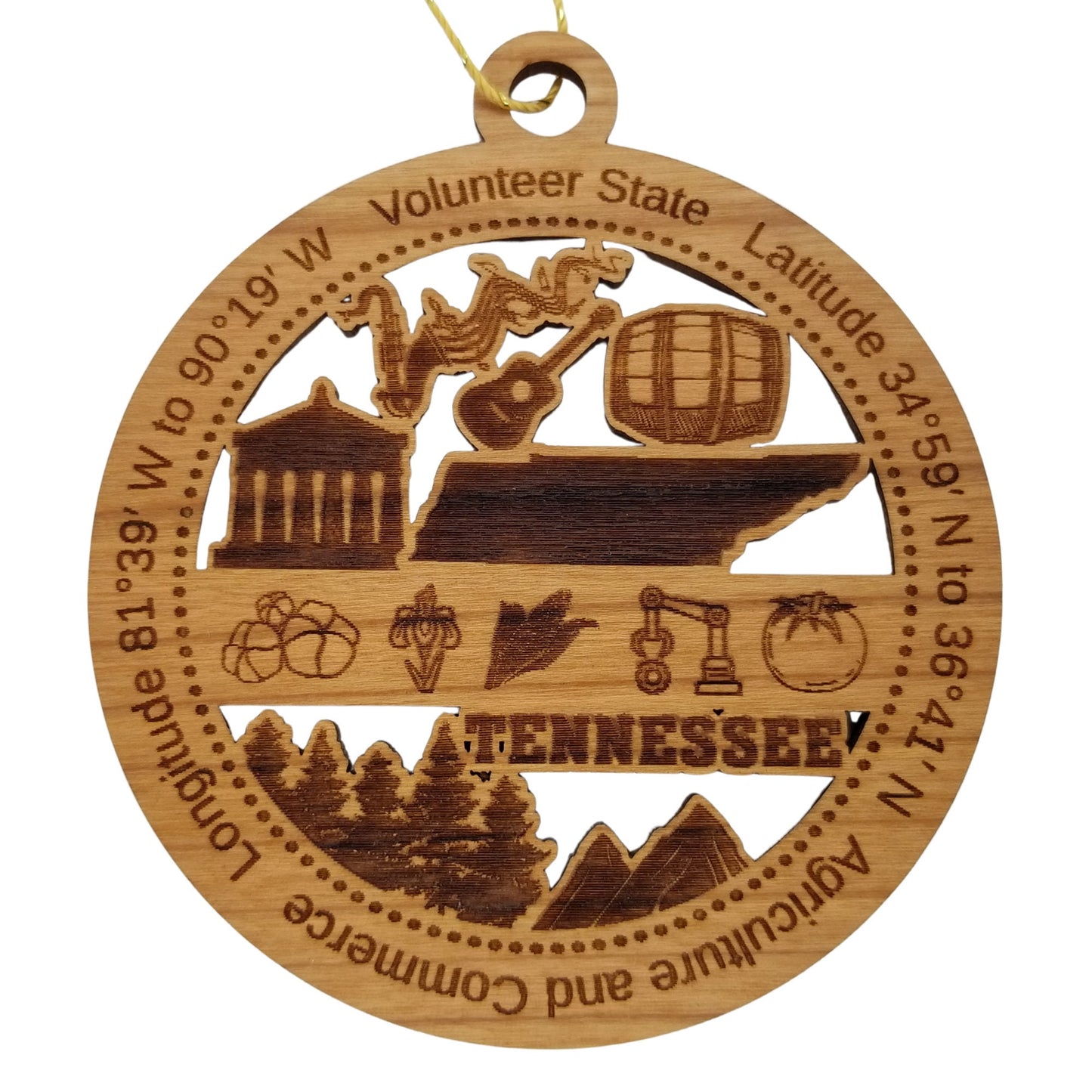 Tennessee Wood Ornament -  TN Souvenir  - Handmade Wood Ornament Made in USA State Shape Barrel Guitar Music Trees Mountains