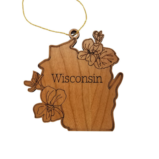 Wholesale Wisconsin Wood Ornament -  WI State Shape with State Flowers Wood Violet Blue Violet - Handmade Wood Souvenir