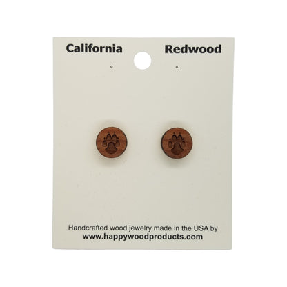 Wolf Paw Earrings - Wood Earrings - California Redwood Stud Earrings - CA Souvenir Keepsake - Post Earrings - Wolf Tracks