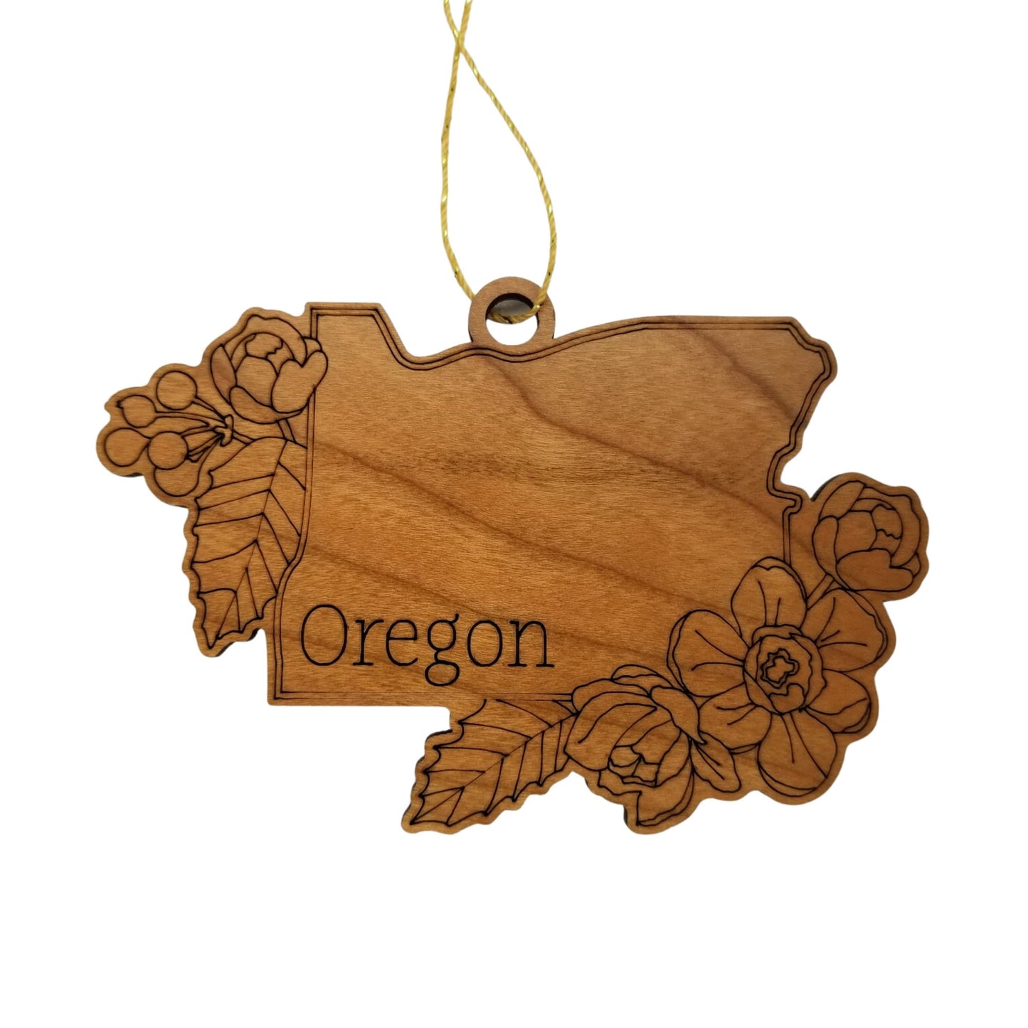 Oregon Wood Ornament -  OR State Shape with State Flowers Cutout - Handmade Wood Ornament Made in USA Christmas Decor