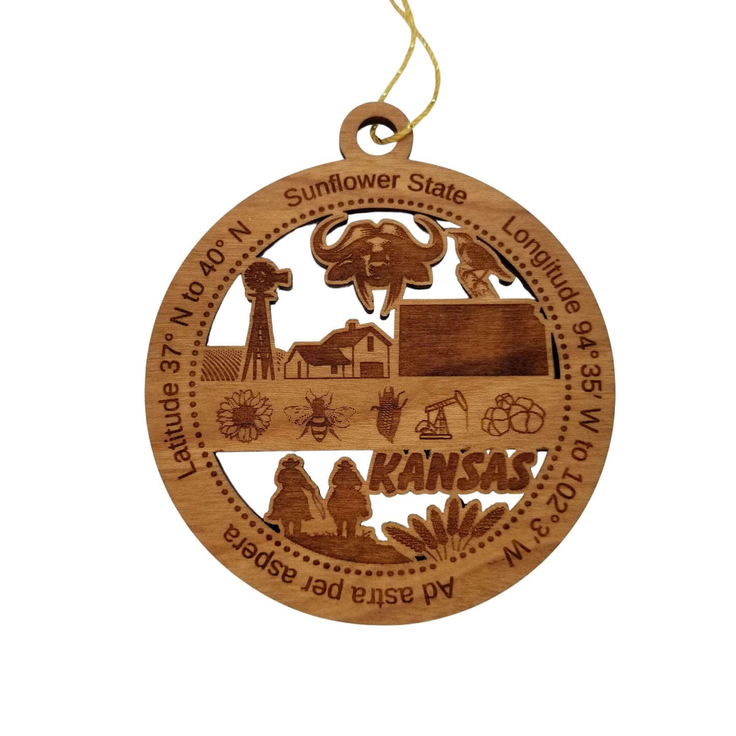 Kansas Wood Ornament -  KS Souvenir - Handmade Wood Ornament Made in USA State Shape Windmill Barn Cowboys Bees Oil Drill Sunflower