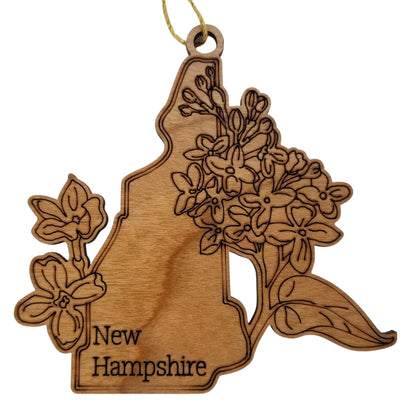 Wholesale New Hampshire Wood Ornament -  NH State Shape with State Flowers Purple Lilacs - Handmade Wood Souvenir