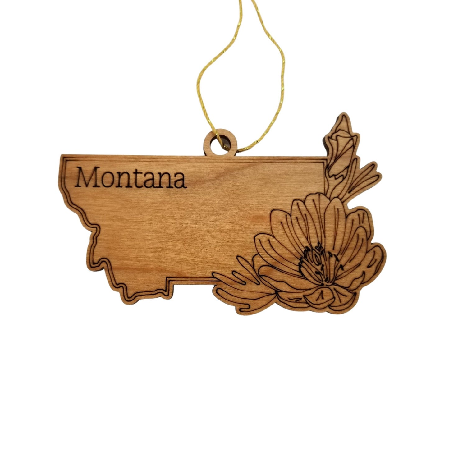 Wholesale Montana Wood Ornament -  State Shape with State Flowers Bitterroot MT - Handmade Wood Souvenir