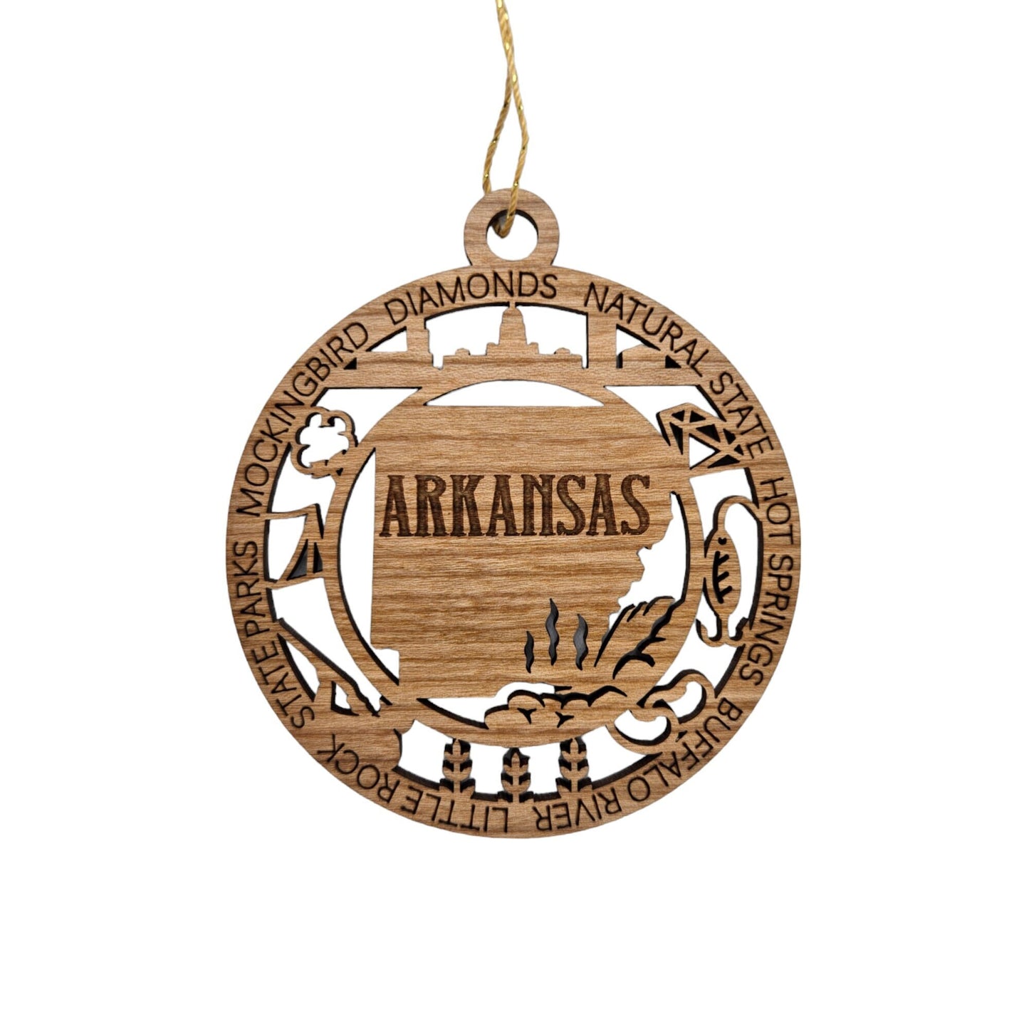 Arkansas Wood Ornament - AR Souvenir - Handmade Wood Ornament Made in USA State Shape Diamonds Hot Springs Hunting Fishing