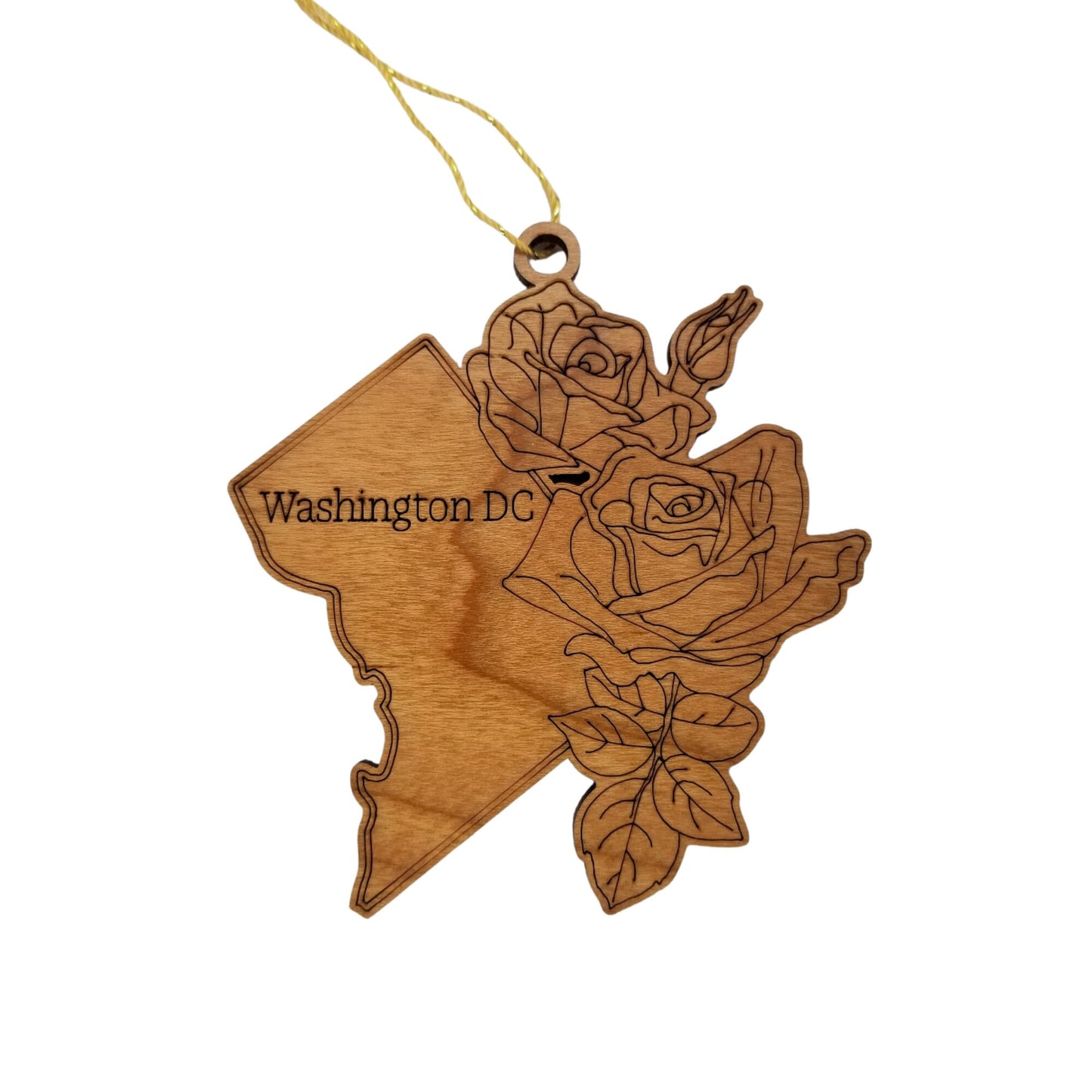 Wholesale Washington DC Wood Ornament -  DC State Shape with State Flowers American Beauty Rose - Handmade Wood Souvenir