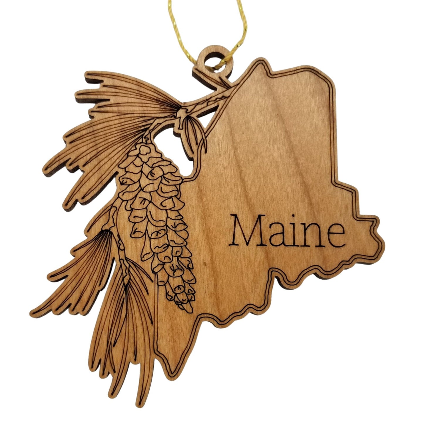 Wholesale Maine Wood Ornament -  ME State Shape with State Flowers White Pine Cone - Handmade Wood Souvenir