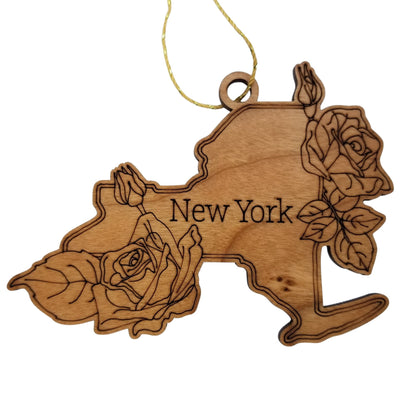 Wholesale New York Wood Ornament -  NY State Shape with State Flowers Roses - Handmade Wood Souvenir