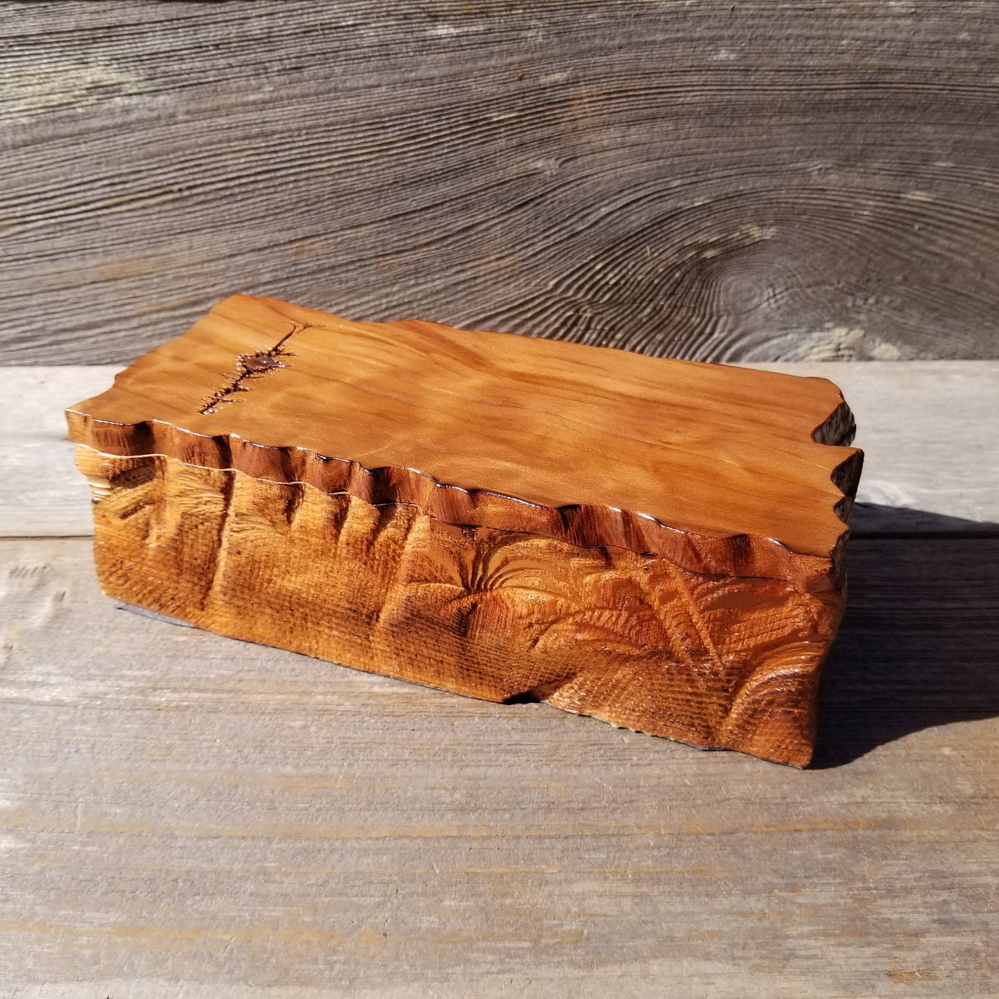 Handmade Wood Box with Redwood Tree Engraved Rustic Handmade Curly Wood #590 California Redwood Jewelry Box Storage Box