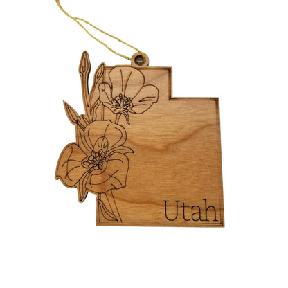 Wholesale Utah Wood Ornament -  UT State Shape with State Flowers Sego Lily - Handmade Wood Souvenir