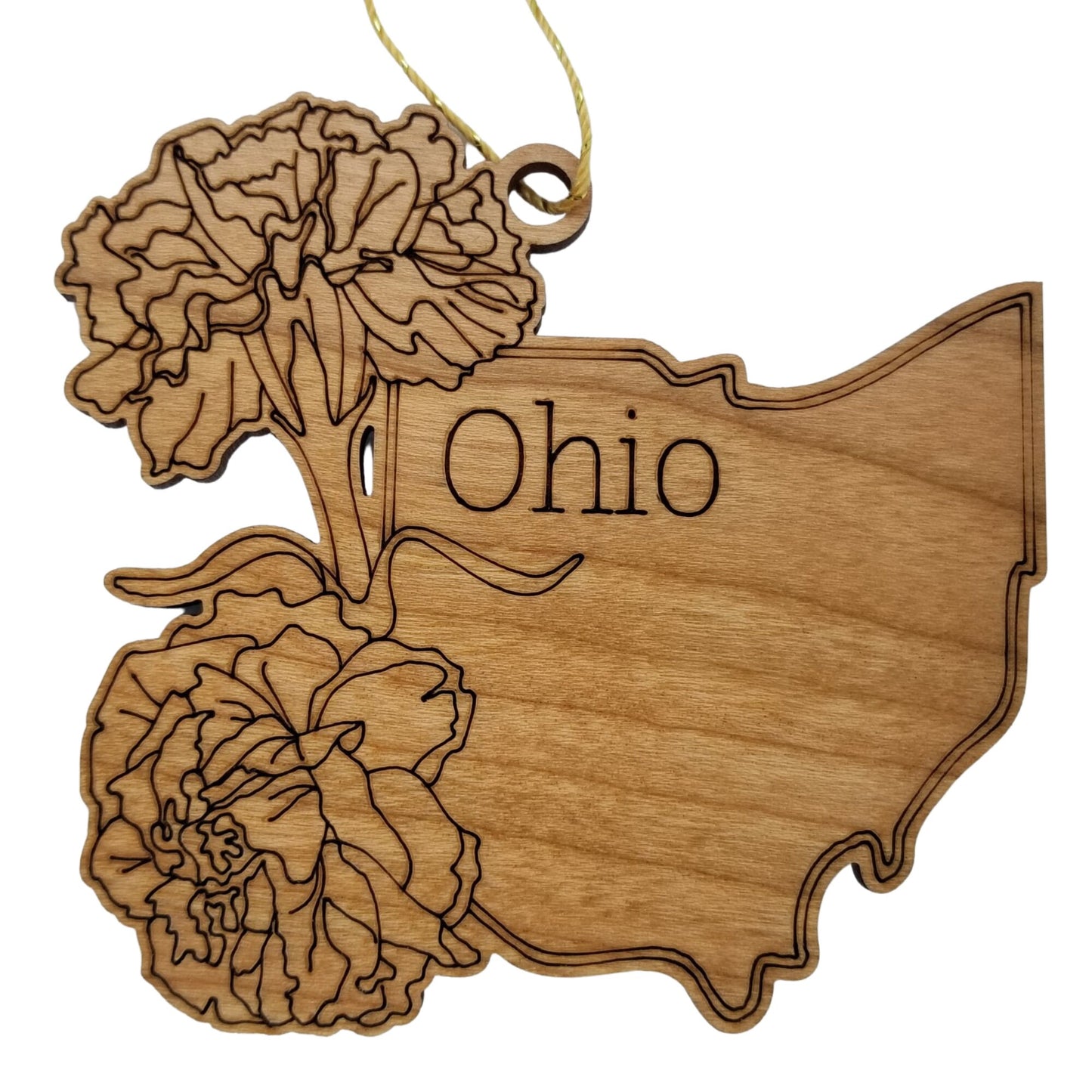 Wholesale Ohio Wood Ornament -  OH State Shape with State Flowers Cutout - Handmade Wood Souvenir