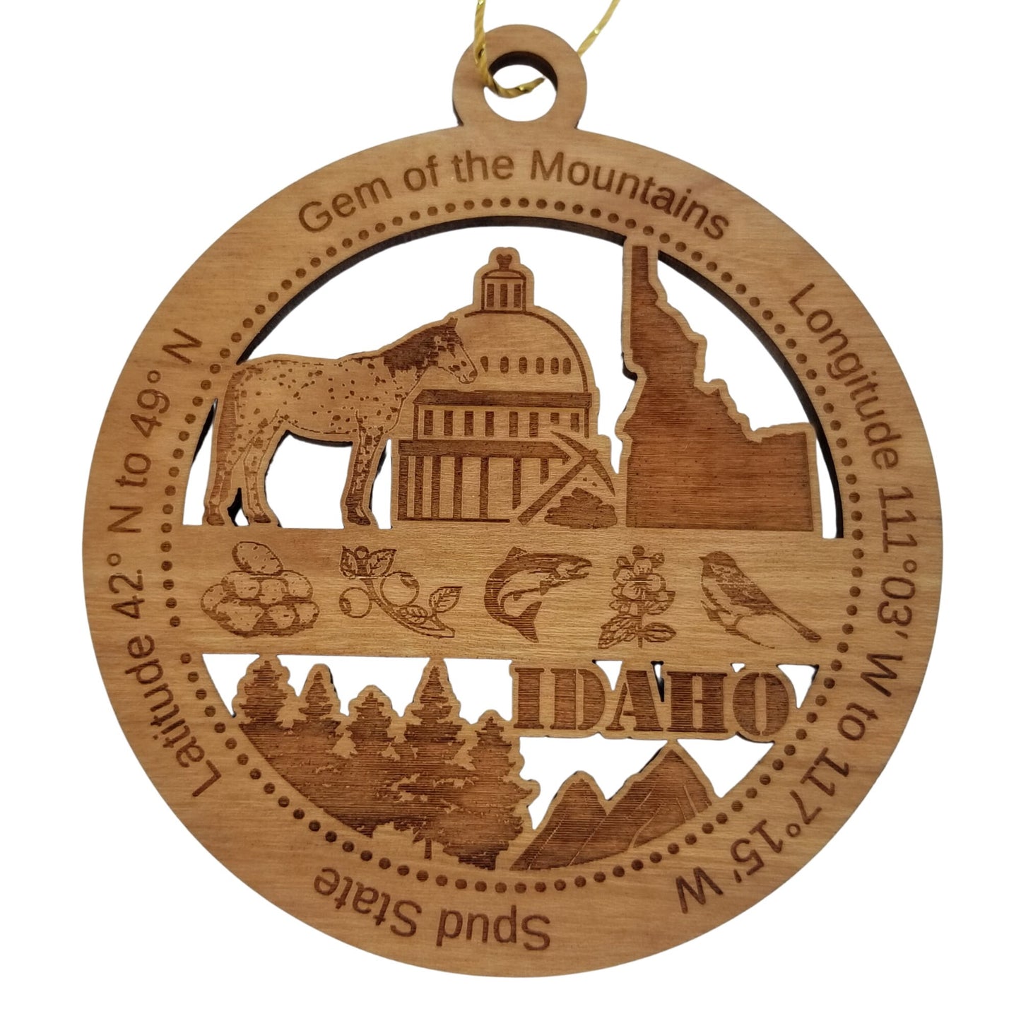 Idaho Wood Ornament - ID  Souvenir - Handmade Wood Ornament Made in USA State Shape Potatoes Fish Mountains Trees Cuthroat Trout