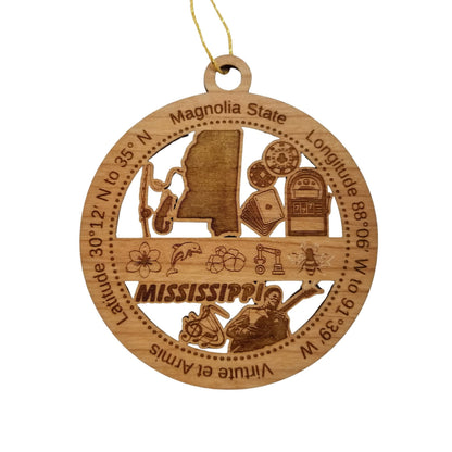 Mississippi Wood Ornament - MS Souvenir - Handmade Wood Ornament Made in USA State Shape Fishing Pole Gambling Slot Machine Cards