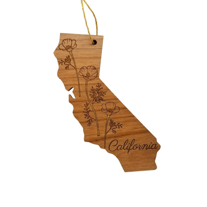 Wholesale California Wood Ornament -  State Shape with State Flowers Poppies CA - Handmade Wood Souvenir