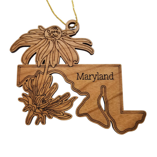 Wholesale Maryland Wood Ornament -  MD State Shape with State Flowers Black Eyed Susan - Handmade Wood Souvenir