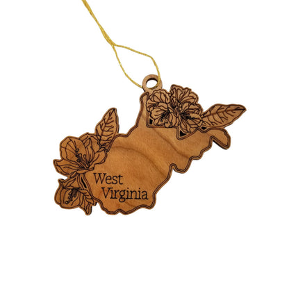 Wholesale West Virginia Wood Ornament -  WV State Shape with State Flowers Rhododendron - Handmade Wood Souvenir