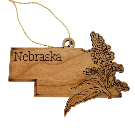 Nebraska Wood Ornament -  NE State Shape with State Flowers Solidago - Handmade Wood Ornament Made in USA Christmas Decor