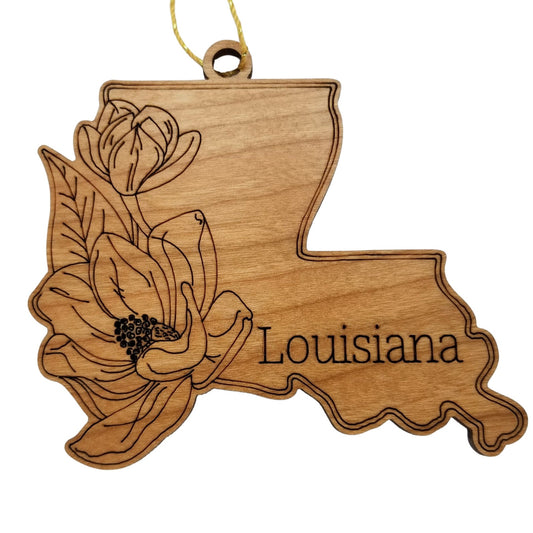 Wholesale Louisiana Wood Ornament -  LA State Shape with State Flowers Magnolia Blossoms - Handmade Wood Souvenir